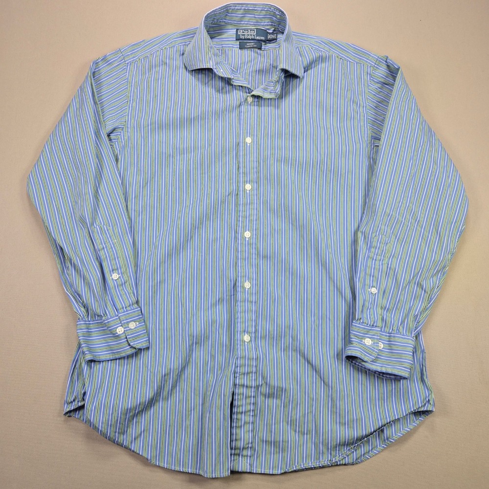 Polo Ralph Lauren Mens Regent Classic Fit Striped Button Down Shirt Blue Green L